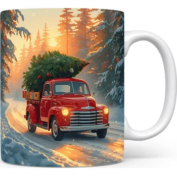 Hrnek s vánočním motivem – červené auto s vánočním stromkem
