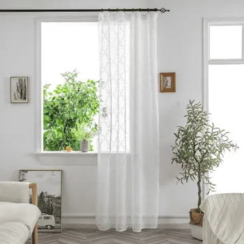 Závěs Bílý závěs VINTORA se vzorem lístků 140x250 cm Zavěšení: Řasící páska