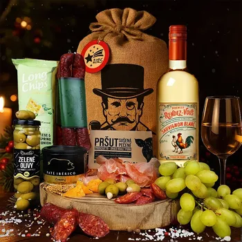 Dárkový potravinový koš Dárkový koš pro muže s bílým vínem k narozeninám, vánocům anebo svátku