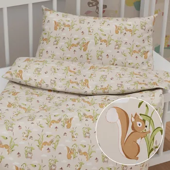 Povlečení Dětské bavlněné povlečení do postýlky Sandra SA-695 Veverky a ježci na světle béžovém Do postýlky 100x135 a 40x60 cm