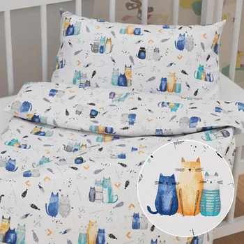 Povlečení Dětské bavlněné povlečení do postýlky Sandra SA-653 Kočičí svět modrý na bílém Do postýlky 90x140 a 40x60 cm