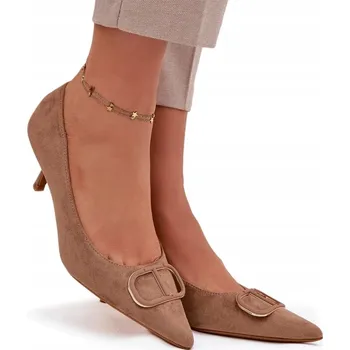 Dámské lodičky LODIČKY DÁMSKÉ Z EKO SEMIŠE ŠPIČATÁ ŠPIČKA OZDOBNÝ DETAIL TMAVĚ BÉŽOVÉ 39