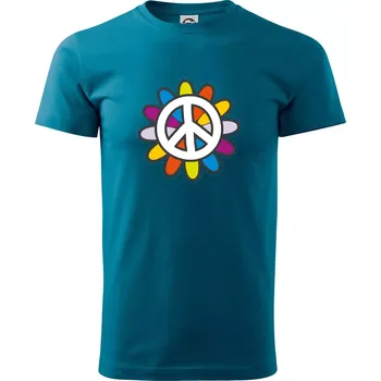 Peace symbol s kreslenou květinou - Klasické pánské triko vyšší gramáže - M ( Petrolejová )