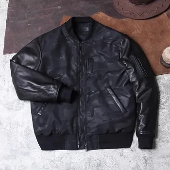 Moto bunda Leather Fashion Zimní bunda MA-1 s koženými rukávy a maskáčovým vzorem Barva: Černá, Velikost: L