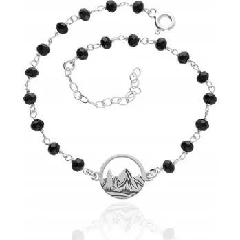 Náramek Stříbrný náramek hory s gravírování hor, stříbro 925, černý s korálky