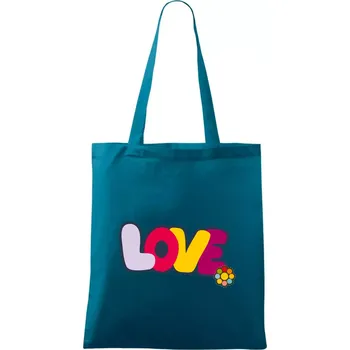 Nákupní taška Love nápis s květinou - Taška bavlněná - 42 x 38 cm ( Petrolejová )