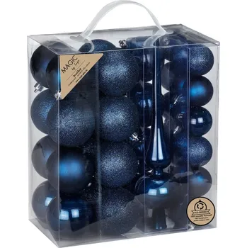 Vánoční dekorace Sada vánočních baněk s vánoční špičkou, tmavě modrá, plast, 39 ks&nbsp;81241G053