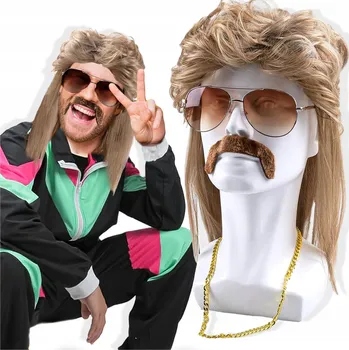 Karnevalový kostým PARUKA 70. 80. 90. LÉTA KOSTÝM PŘEVLEK RETRO BRÝLE ALWARO ROCKMAN KEELYY