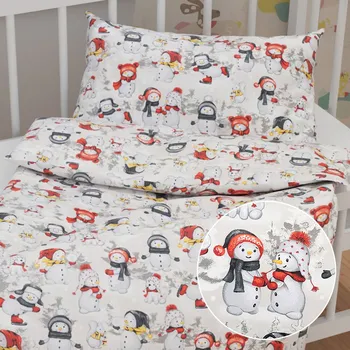 Povlečení Dětské bavlněné povlečení do postýlky Sandra SA-661 Sněhuláci na světle šedém Do postýlky 90x140 a 50x70 cm