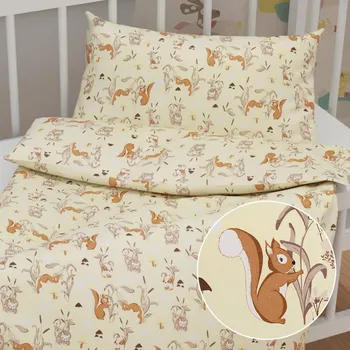 Povlečení Dětské bavlněné povlečení do postýlky Sandra SA-700 Veverky a ježci na světle vanilkovém Do postýlky 90x140 a 40x60 cm