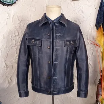 Moto bunda Leather Fashion Batikovaná kožená bunda z hovězí kůže v retro stylu Barva: Modrá, Velikost: L