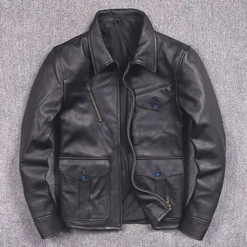 Moto oblečení Leather Fashion Aviator bunda z hovězí kůže s klopovým límcem Barva: Černá, Velikost: L