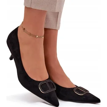 Dámské lodičky LODIČKY DÁMSKÉ Z EKO SEMIŠE ŠPIČATÁ ŠPIČKA OZDOBNÝ DETAIL ČERNÉ 39