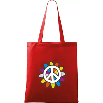 Nákupní taška Peace symbol s kreslenou květinou - Taška bavlněná - 42 x 38 cm ( Červená )