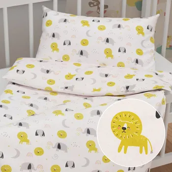 Povlečení Dětské bavlněné povlečení do postýlky Sandra SA-649 Sloni a lvi na bílém Do postýlky 90x140 a 50x70 cm