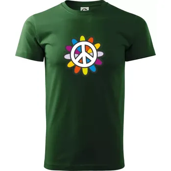 Pánské tričko Peace symbol s kreslenou květinou - Triko extra velké (5-8XL) - 7XL ( Lahvově zelená )