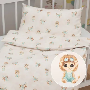 Povlečení Dětské bavlněné povlečení do postýlky Sandra SA-686 Lvíčata s letadýlky na světle béžovém Do postýlky 90x140 a 50x70 cm