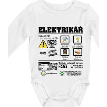 Profese - informace o produktu - elektrikář - Body kojenecké s dlouhým rukávem - Dlouhý r. 3-6 měs ( Bílá )