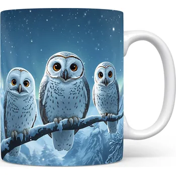 Hrnek s vánočním motivem – tři sovy na zasněžené větvi
