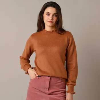 Dámský svetr Pulovr se stojáčkem a volánky karamelová 46/48