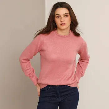 Dámský svetr Pulovr se stojáčkem a volánky růžový melír 52