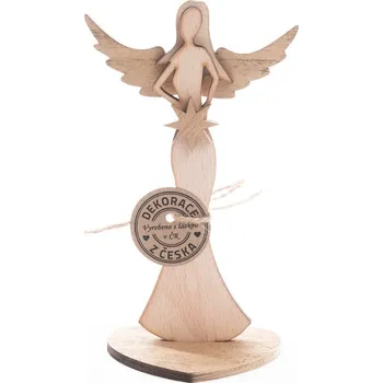Vánoční dekorace Anděl dřevěný 16 cm vánoční Barva: Přírodní tělo + zlatá křídla
