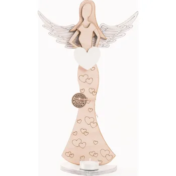 Vánoční dekorace Anděl dřevěný 40 cm se srdíčky - 2 barevné varianty Barva: Přírodní tělo+bílá křídla