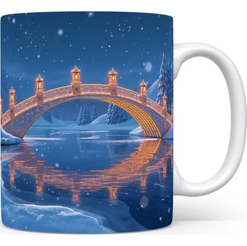 Sklenice Hrnek s vánočním motivem – osvětlený most nad zamrzlou řekou