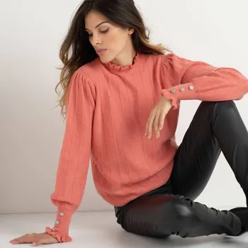 Dámská móda Pulovr se stojáčkem a volánky korálová 46/48