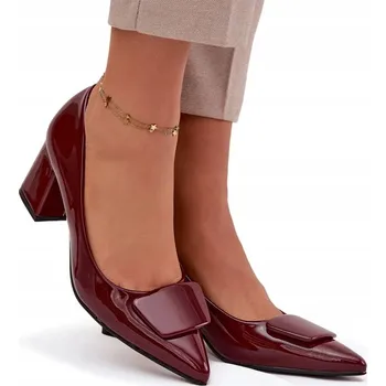 Dámské lodičky LODIČKY LAKOVANÉ EKO KŮŽE PODPATEK SLOUPEK OZDOBNÝ DETAIL BORDOVÉ 38