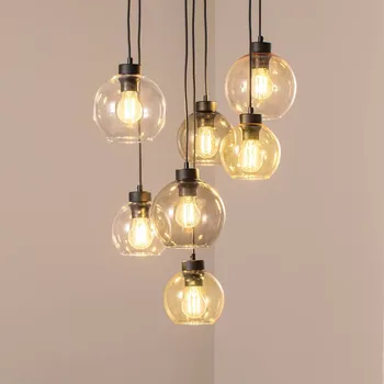 TK Lighting Závěsné světlo Cubus Mix, Ø 49 cm, 7-ramenné, vícebarevné, sklo, E27 černá, průhledná, jantarová, grafitová 7 x 15 W LED - Doprava zdarma