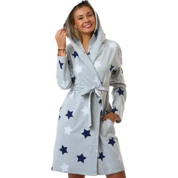 Dámský župan Dámský župan s kapucí, teplá bavlna, šedý, modré a bílé hvězdy 1TB0104 šedá s
