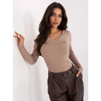 Oblečení a móda Béžové dámské žebrované tričko s dlouhým rukávem RV-BZ-A1055.29P-dark beige Velikost: L/XL