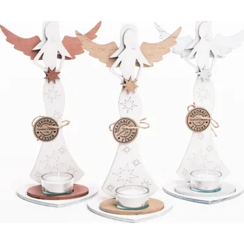 Vánoce Dřevěný vánoční anděl 25 cm s hvězdičkami a svíčkou Sada 3 ks