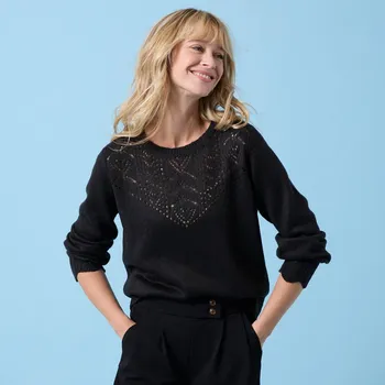 Dámský svetr Pulovr s ažurovým vzorem, pro menší postavu černá 34/36