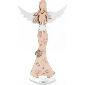 Vánoční dekorace Vánoční anděl dřevěný 40 cm se svíčkou - 2 barevné varianty Barva: Přírodní tělo+bílá křídla