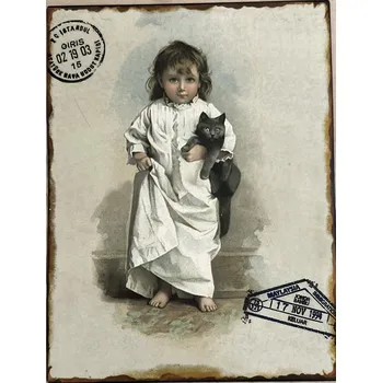 Plechová cedule Plechová retro cedule Holčička s kočičkou