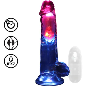 Vibrátor RealRock LED svítící vibrační dildo s varlaty 20 cm