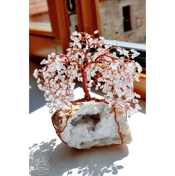 Strom na kameni - Křišťálová geoda měsíční Vrba 15cm Drátované stromy života