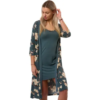 Dámská noční košile Košilka a župan v kompletu, tmavší zelená s hnědo béžovými květy, jemný pružný materiál 1D1745 zelená l