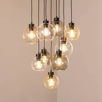 TK Lighting Závěsné světlo Cubus Mix, Ø 58 cm, 9-bodové, vícebarevné, sklo, E27 černá, průhledná, jantarová, grafitová 9 x 15 W LED - Doprava zdarma