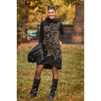 Dámská mikina Himalife Šatomikina s maxi kapucí Ayra - černá s metalickou zlatou Velikost: 4XL - Móda pro plnoštíhlé, Oblečení nadměrné velikosti