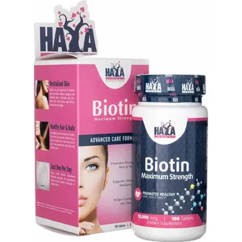 Haya Labs Biotin Maximum Strength 10 000 mcg – 100 tbl | podpora vlasů, nehtů a pokožky Podpora růstu vlasů, nehtů