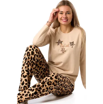 Dámské pyžamo Pyžamo dámské z teplé bavlny Stylish s jaguářím vzorem 1TB0134 béžová s