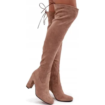 Dámská obuv TEPLÉ SEMIŠOVÉ KOZAČKY NAD KOLENO NA PODPATKU BÉŽOVÉ 36