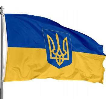 Obraz Vlajka na stožár Ukrajiny s erby PREMIUM 112x70 cm Ukrajina Tryzub