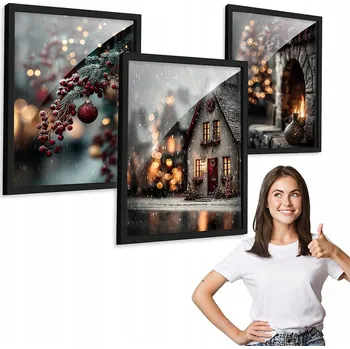 Obraz Sada 3 obrazů VÁNOČNÍ MĚSTEČKO černý rámeček 50x70 triptych do obýváku
