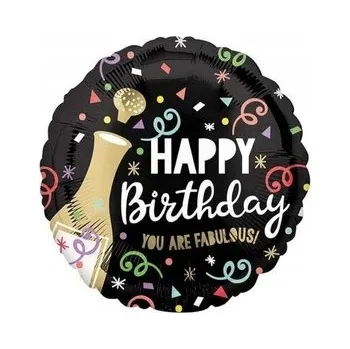 Balónek Fóliový balónek "Happy Birthday - You are Fabulous!", Amscan, černý, 45 cm, kulatý