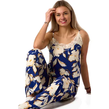 Dámské pyžamo Pyžamo dámské modré z lehkého plátýnka se smetanovými květy 1B2350 modrá m