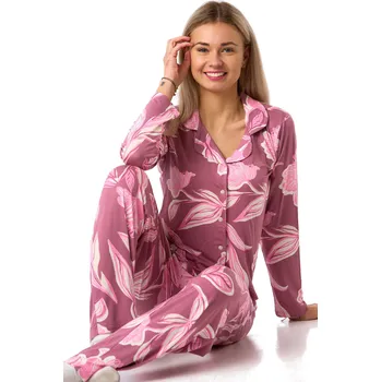 Dámské pyžamo Pyžamo dámské růžové pro plnoštíhlé ženy z pružného materiálu s květinovým vzorem 1D1752 růžová 3xl